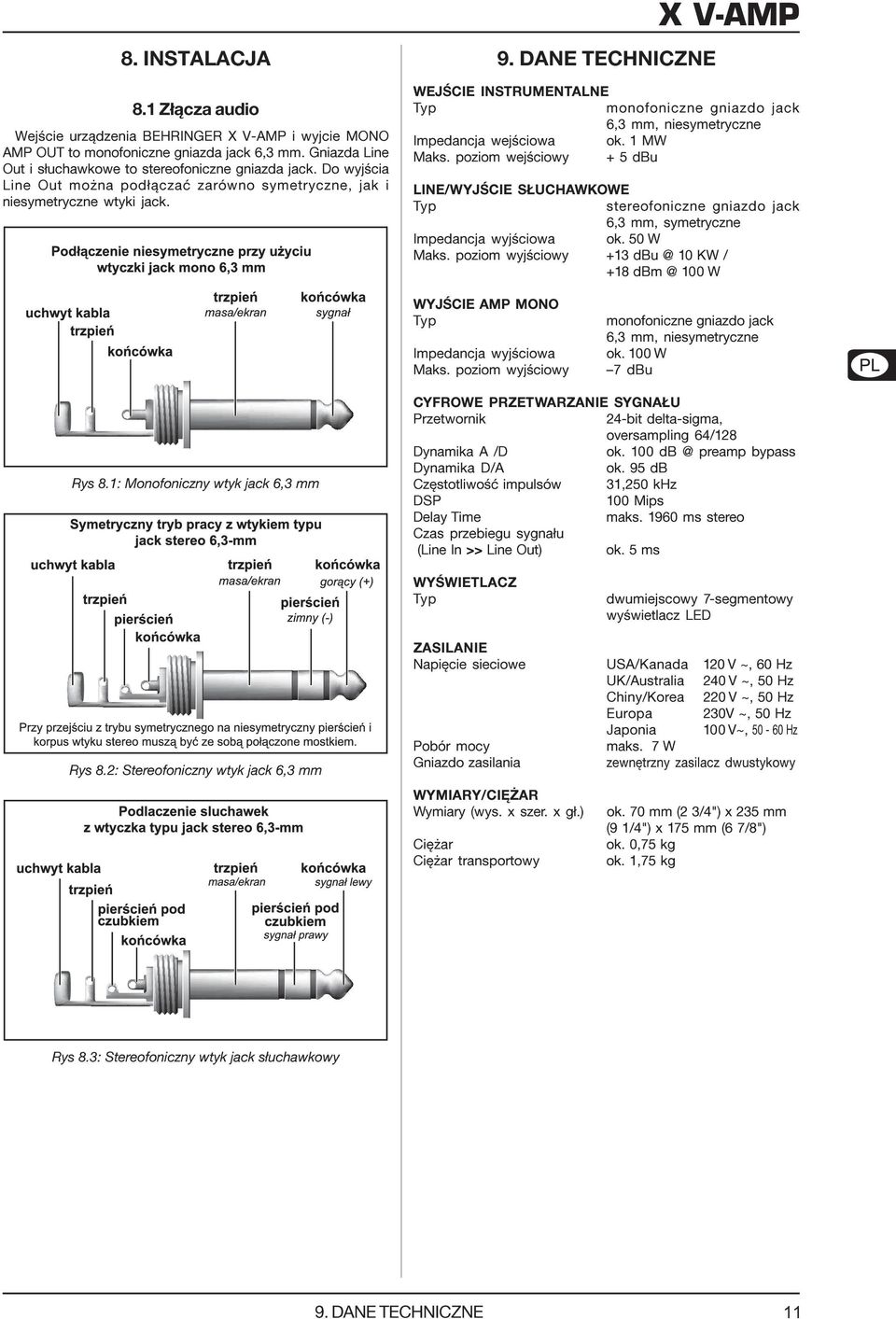DANE TECHNICZNE WEJŒCIE INSTRUMENTALNE Typ monofoniczne gniazdo jack 6,3 mm, nieymetryczne Impedancja wejœciowa ok. 1 MW Mak.