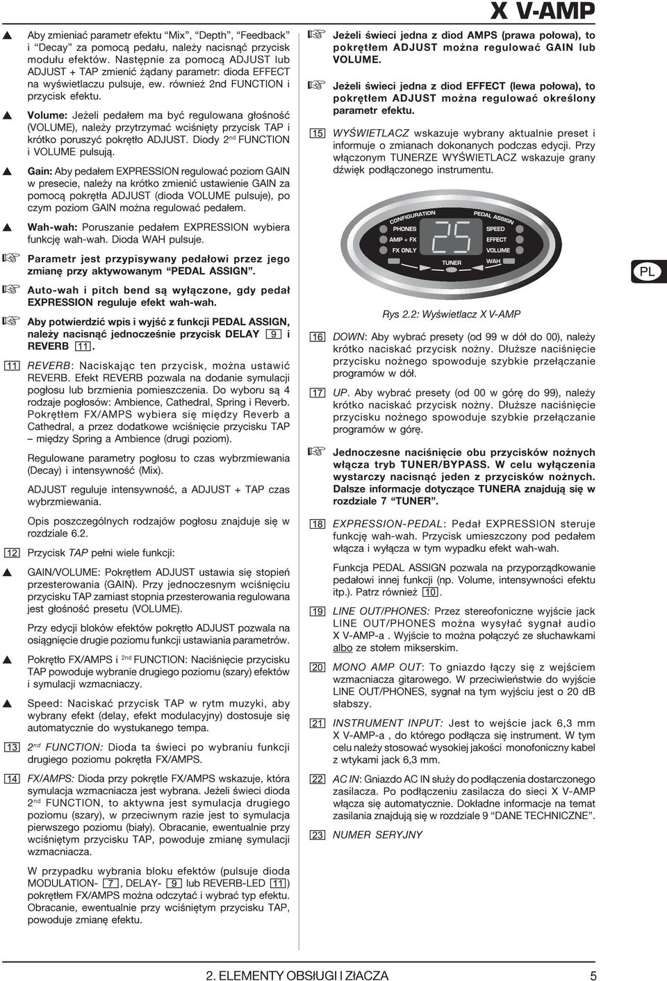Volume: Je eli peda³em ma byæ regulowana g³oœnoœæ (VOLUME), nale y przytrzymaæ wciœniêty przycik TAP i krótko poruzyæ pokrêt³o ADJUST. Diody 2 nd FUNCTION i VOLUME puluj¹.
