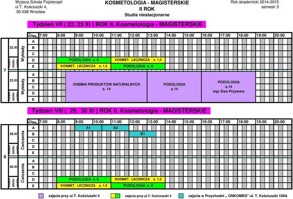 XI HMI PROUKTÓW NTURLNYH POOLOGI POOLOGI mgr wa Przywara Tydzień VIII ( 29, 30 XI ) ROK II, etologia - MGISTRSKI 8:00 9:00 10:00 11:00 12:00 13:00