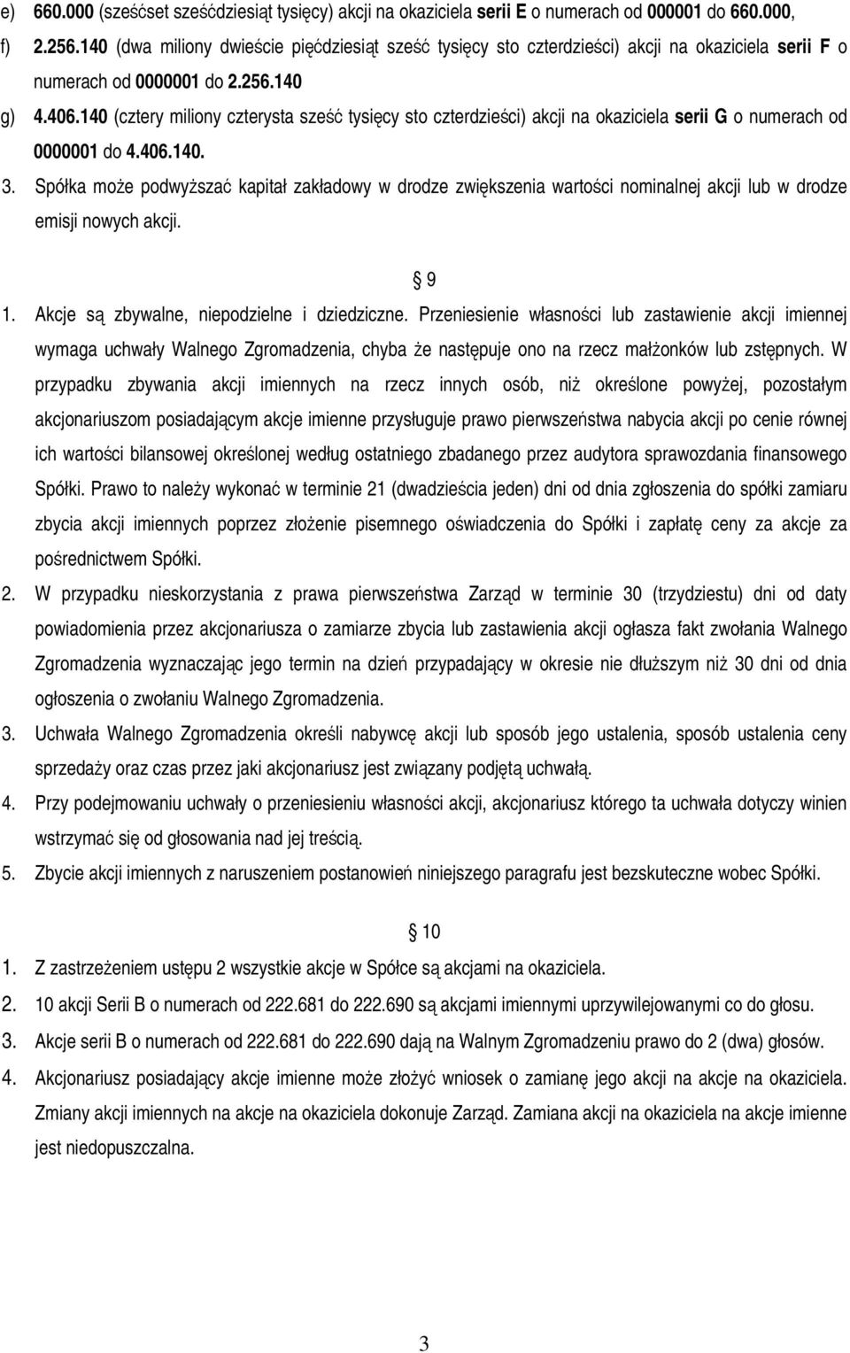 140 (cztery miliony czterysta sze tysicy sto czterdzieci) akcji na okaziciela serii G o numerach od 0000001 do 4.406.140. 3.