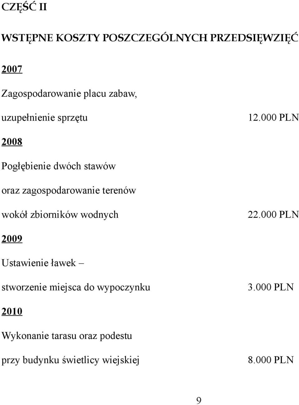 000 PLN 2008 Pogłębienie dwóch stawów oraz zagospodarowanie terenów wokół zbiorników