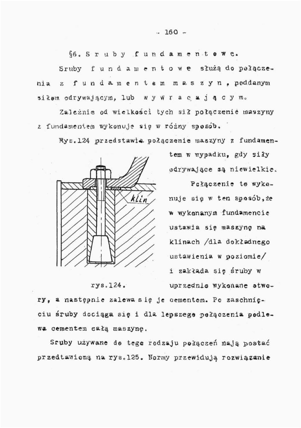 Połączenie t wykonuje się v ten sposób,że w "Wykananym fundamencie usta,wia sie maszynę na klinach /dla dokładnego ustawienia w poziomie/ i zakłada si? śruby w rys * 124.