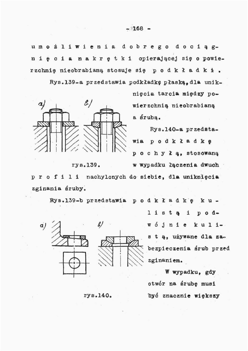 l39-a przedstawia podkładkę płaską, dla uniknięcia tarcia między powierzchnią nieobrabianą a śrubą, Rys,14Q~a przedstawia p o d k ł a d k ę p o c h y ł ą,