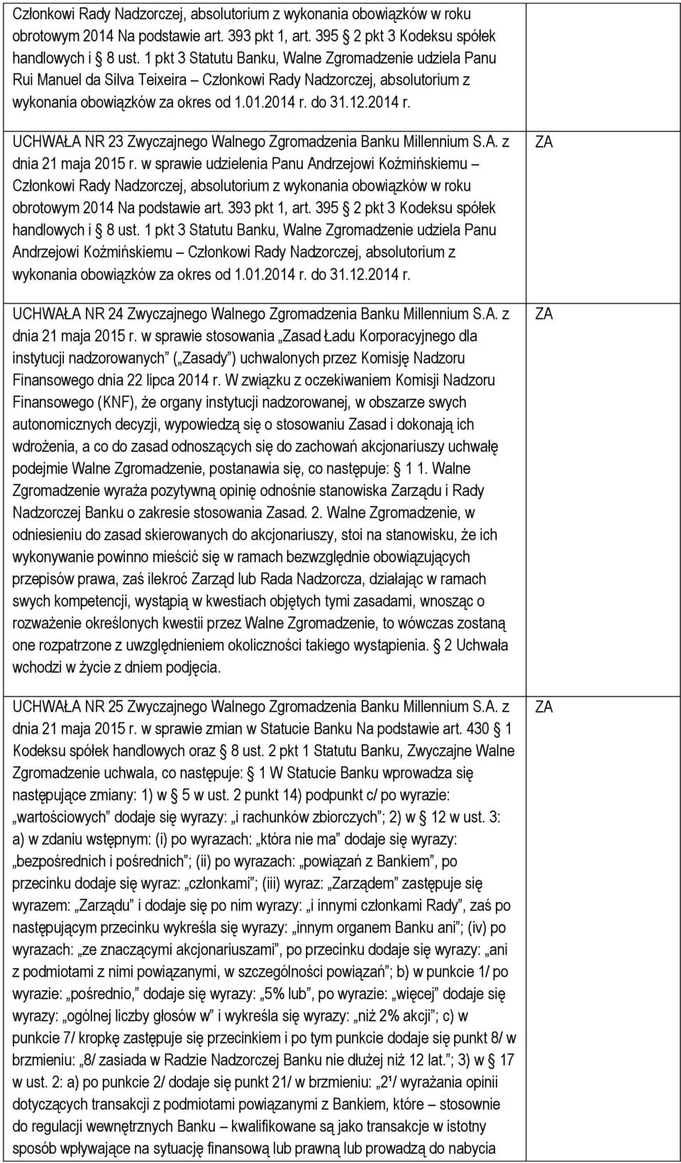 do 31.12.2014 r. UCHWAŁA NR 23 Zwyczajnego Walnego Zgromadzenia Banku Millennium S.A. z dnia 21 maja 2015 r.