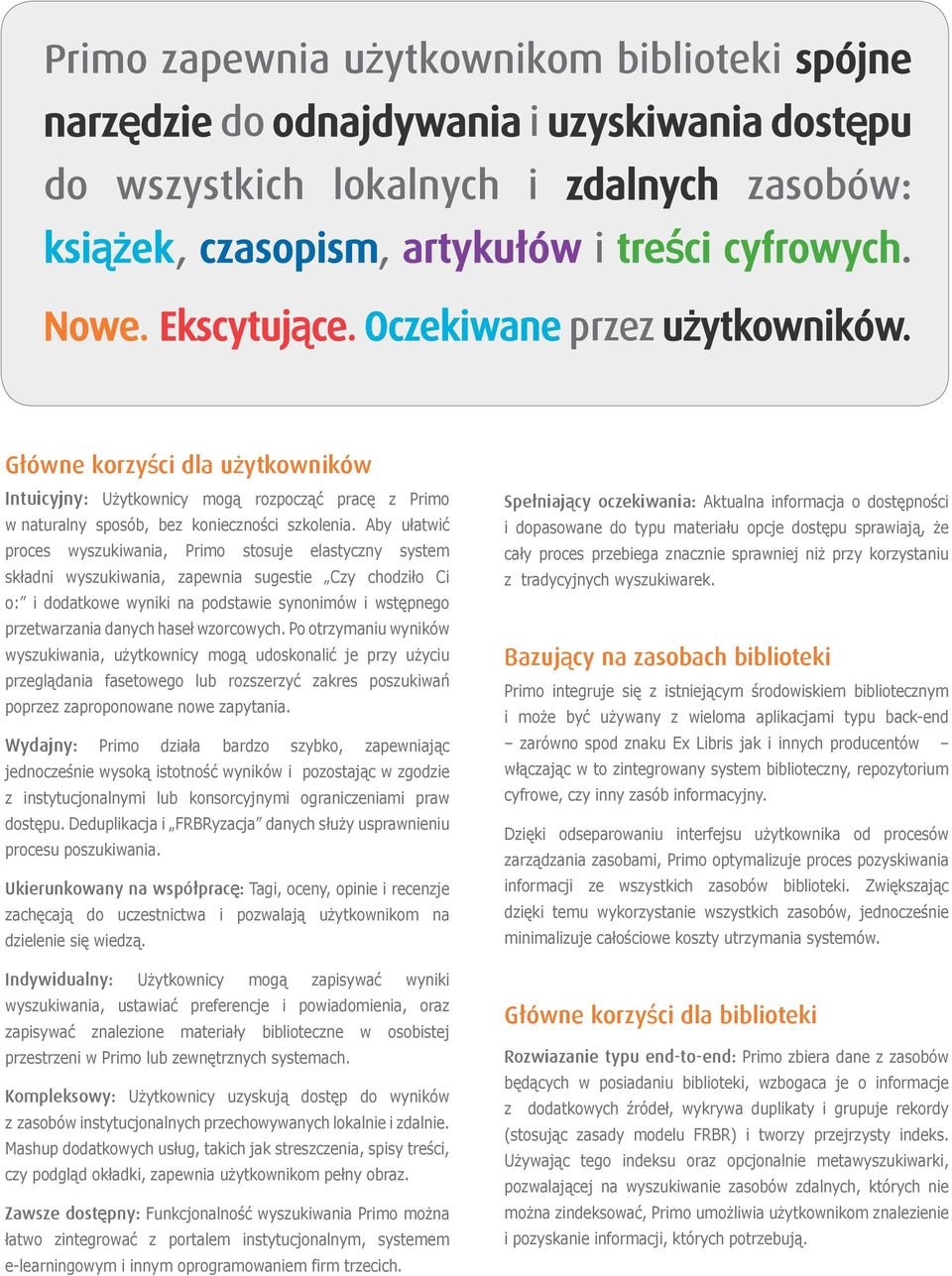 Aby ułatwić proces wyszukiwania, Primo stosuje elastyczny system składni wyszukiwania, zapewnia sugestie Czy chodziło Ci o: i dodatkowe wyniki na podstawie synonimów i wstępnego przetwarzania danych