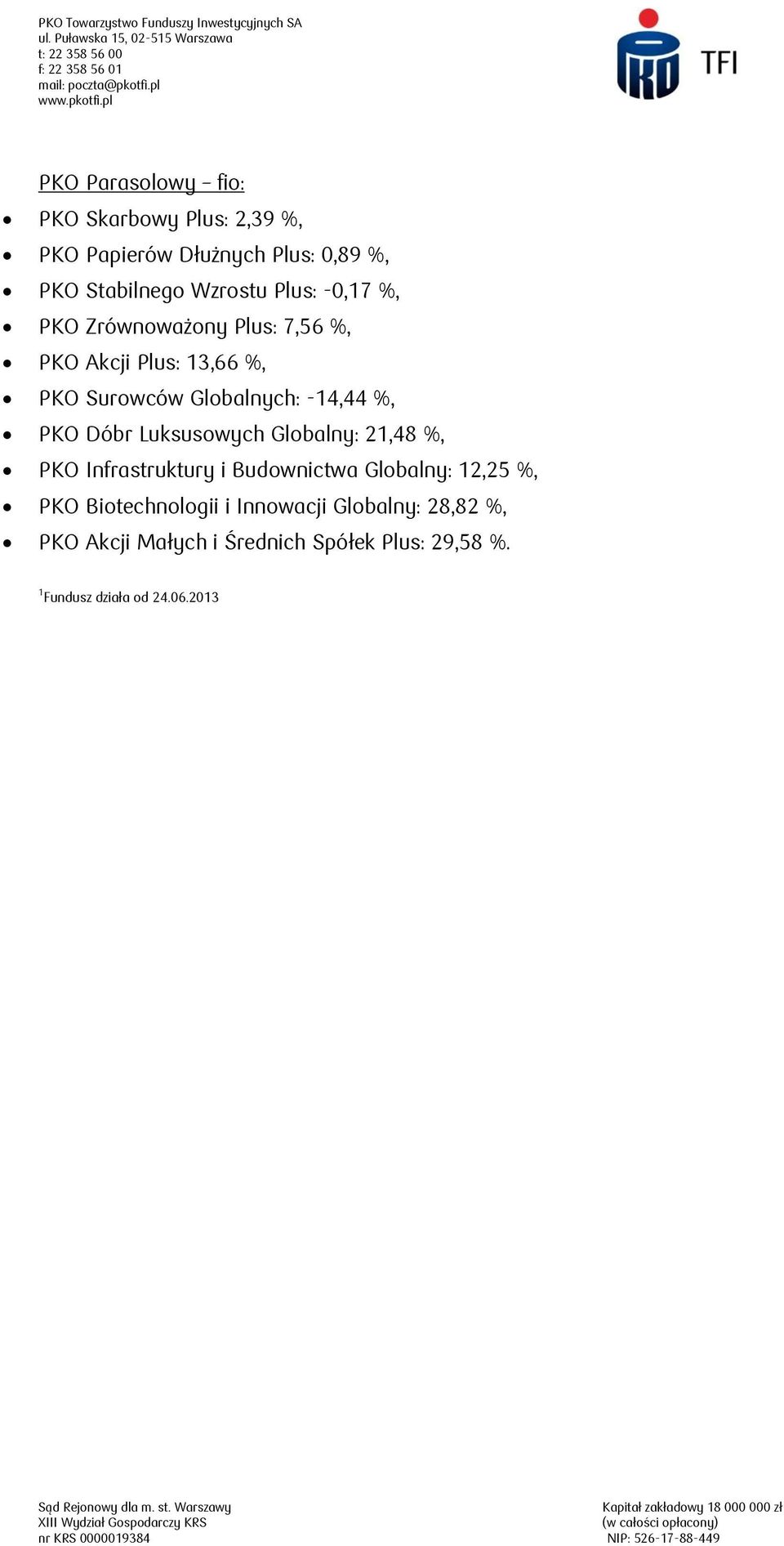 pl PKO Parasolowy fio: PKO Skarbowy Plus: 2,39 %, PKO Papierów Dłużnych Plus: 0,89 %, PKO Stabilnego Wzrostu Plus: -0,17 %, PKO Zrównoważony Plus: 7,56 %, PKO Akcji Plus: 13,66 %,