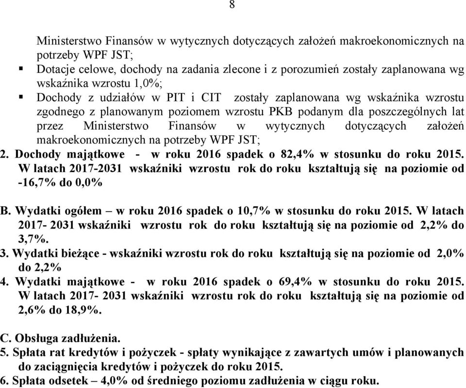 dotyczących założeń makroekonomicznych na potrzeby WPF JST; 2. Dochody majątkowe - w roku 2016 spadek o 82,4% w stosunku do roku 2015.