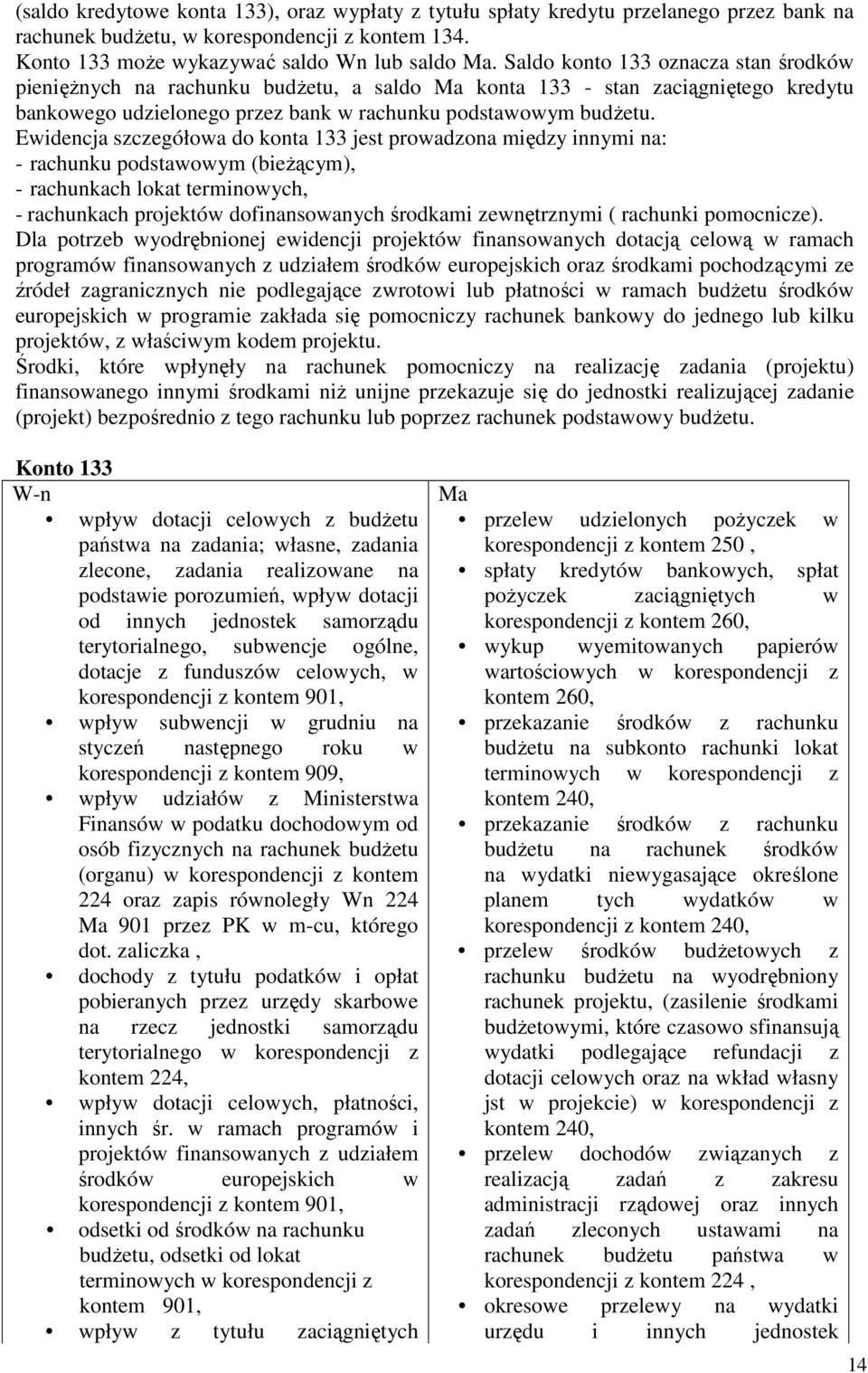 Ewidencja szczegółowa do konta 133 jest prowadzona między innymi na: - rachunku podstawowym (bieżącym), - rachunkach lokat terminowych, - rachunkach projektów dofinansowanych środkami zewnętrznymi (