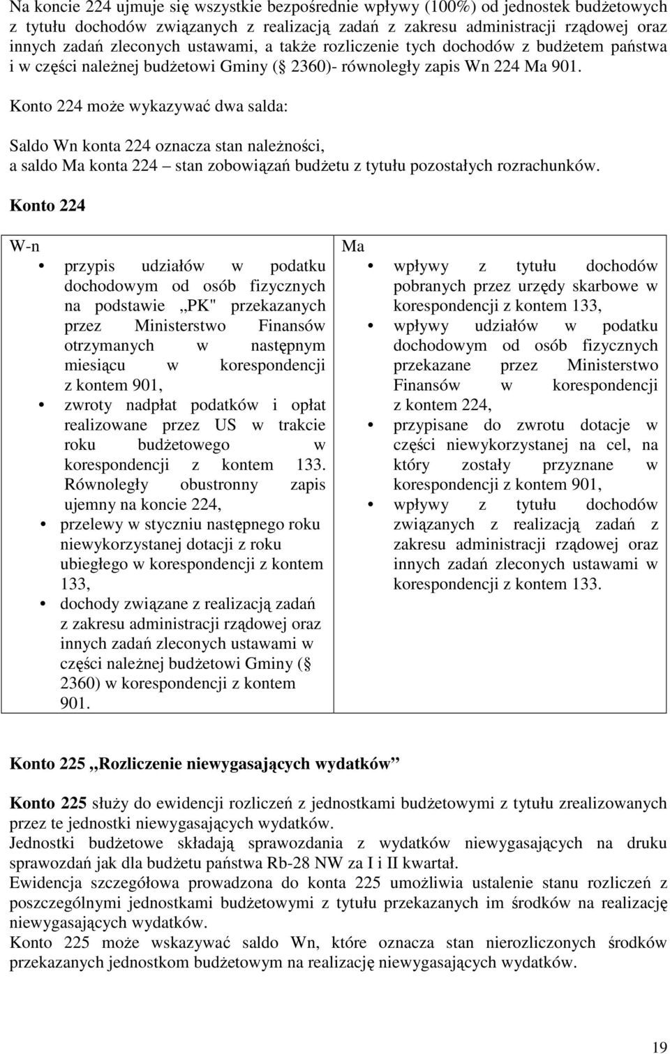 Konto 224 może wykazywać dwa salda: Saldo Wn konta 224 oznacza stan należności, a saldo Ma konta 224 stan zobowiązań budżetu z tytułu pozostałych rozrachunków.