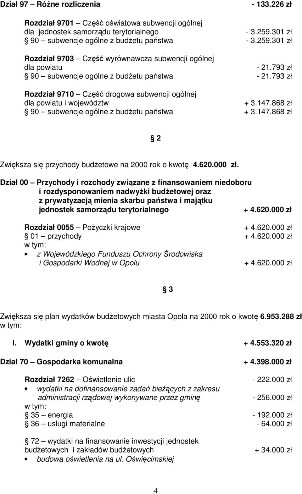 793 zł Rozdział 9710 Część drogowa subwencji ogólnej dla powiatu i województw + 3.147.868 zł 90 subwencje ogólne z budżetu państwa + 3.147.868 zł 2 Zwiększa się przychody budżetowe na 2000 rok o kwotę 4.