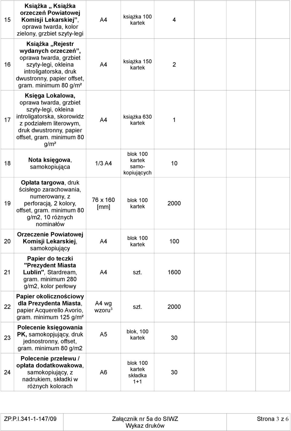 minimum 80 g/m² Księga Lokalowa, oprawa twarda, grzbiet szyty-legi, okleina introligatorska, skorowidz z podziałem literowym, druk dwuny, papier offset, gram.