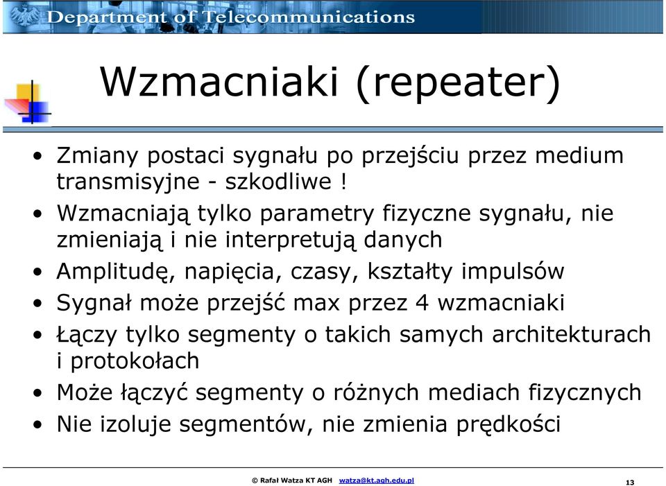 kształty impulsów Sygnał może przejść max przez 4 wzmacniaki Łączy tylko segmenty o takich samych architekturach i