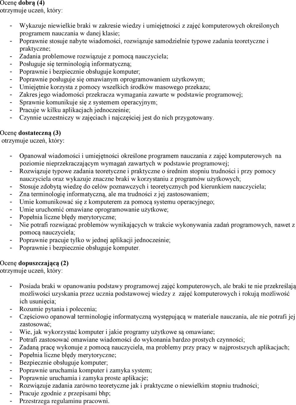 Poprawnie posługuje się omawianym oprogramowaniem użytkowym; - Umiejętnie korzysta z pomocy wszelkich środków masowego przekazu; - Zakres jego wiadomości przekracza wymagania zawarte w podstawie