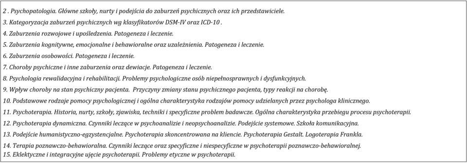 Patogeneza i leczenie. 7. Choroby psychiczne i inne zaburzenia oraz dewiacje. Patogeneza i leczenie. 8. Psychologia rewalidacyjna i rehabilitacji.