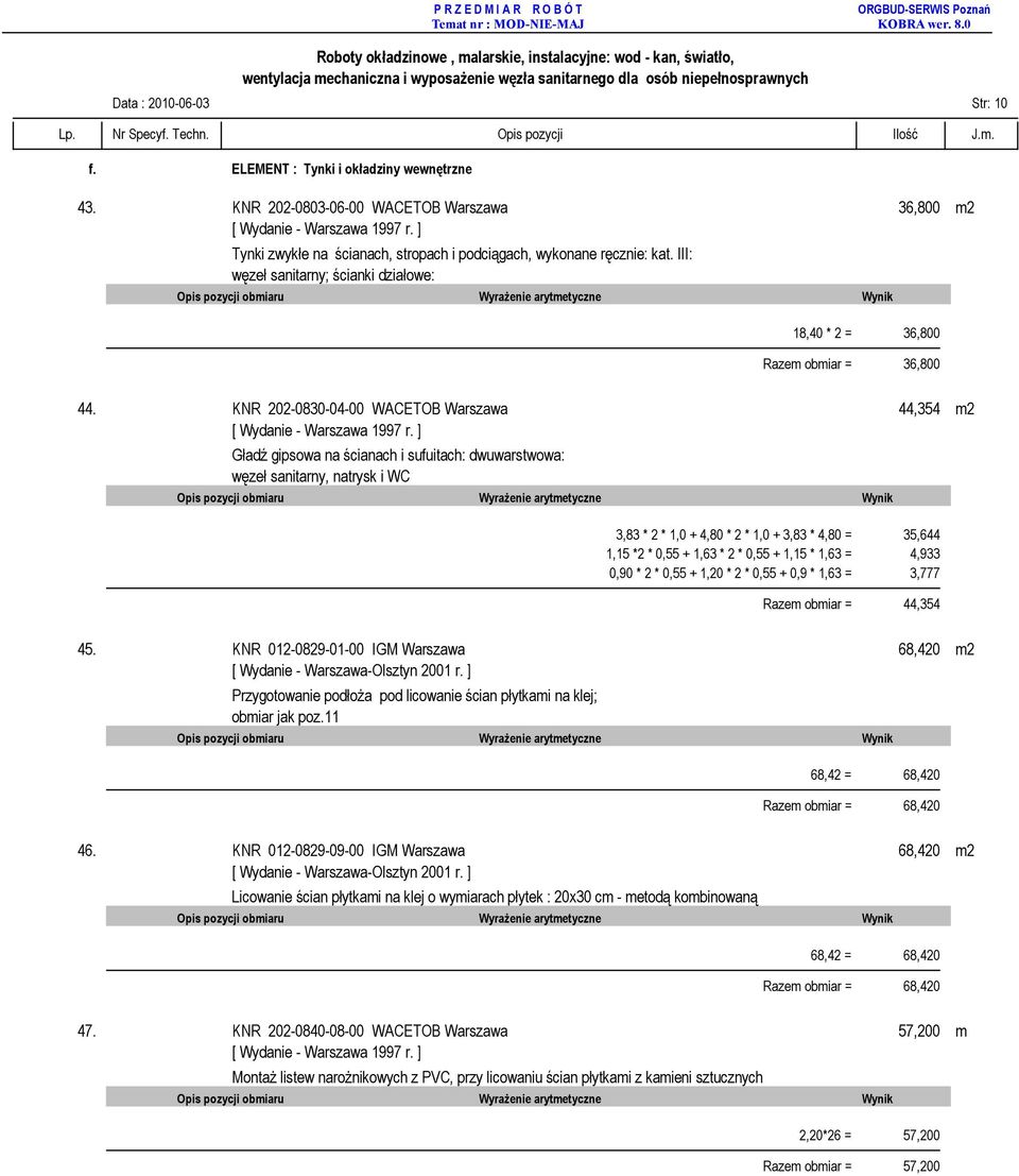 KNR 202-0830-04-00 WACETOB Warszawa 44,354 m2 Gładź gipsowa na ścianach i sufuitach: dwuwarstwowa: węzeł sanitarny, natrysk i WC 3,83 * 2 * 1,0 + 4,80 * 2 * 1,0 + 3,83 * 4,80 = 35,644 1,15 *2 * 0,55