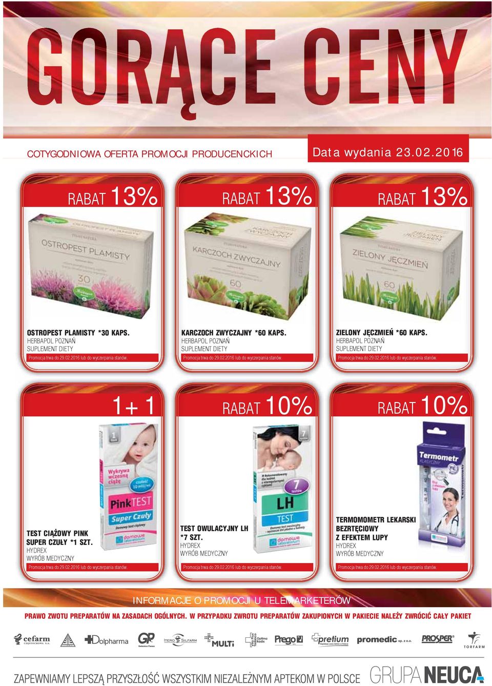 HERBAPOL POZNAŃ 1+1 RABAT 10% RABAT 10% TEST CIĄŻOWY PINK SUPER CZUŁY *1 SZT. HYDREX WYRÓB MEDYCZNY TEST OWULACYJNY LH *7 SZT.