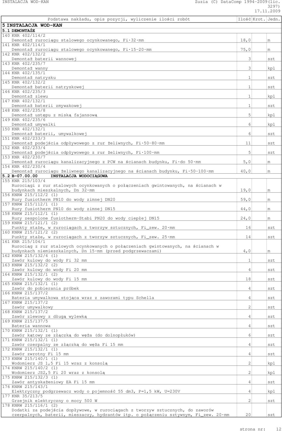 baterii wannowej 3 szt 143 KNR 402/235/7 DemontaŜ wanny 3 kpl 144 KNR 402/135/1 DemontaŜ natrysku 1 szt 145 KNR 402/132/2 DemontaŜ baterii natryskowej 1 szt 146 KNR 402/235/3 DemontaŜ zlewu 1 kpl 147