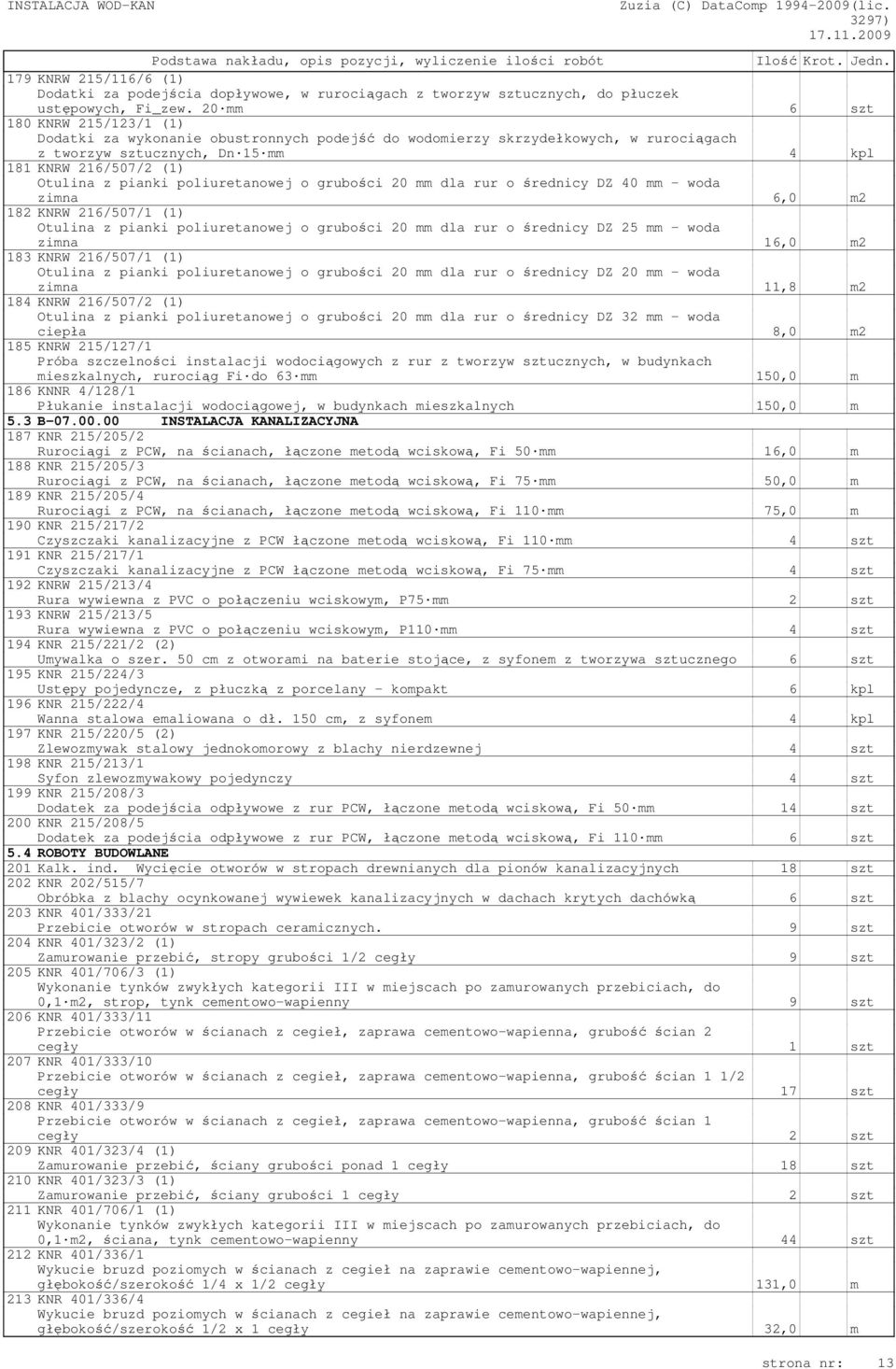 poliuretanowej o grubości 20 mm dla rur o średnicy DZ 40 mm - woda zimna 6,0 m2 182 KNRW 216/507/1 (1) Otulina z pianki poliuretanowej o grubości 20 mm dla rur o średnicy DZ 25 mm - woda zimna 16,0