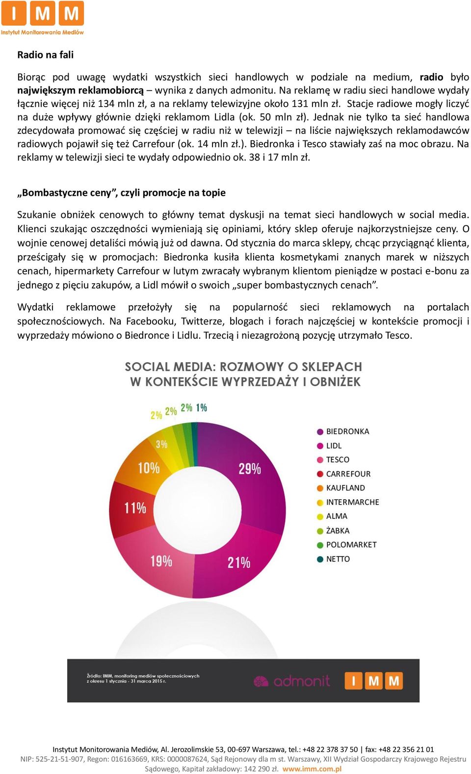 50 mln zł). Jednak nie tylko ta sieć handlowa zdecydowała promować się częściej w radiu niż w telewizji na liście największych reklamodawców radiowych pojawił się też Carrefour (ok. 14 mln zł.). Biedronka i Tesco stawiały zaś na moc obrazu.