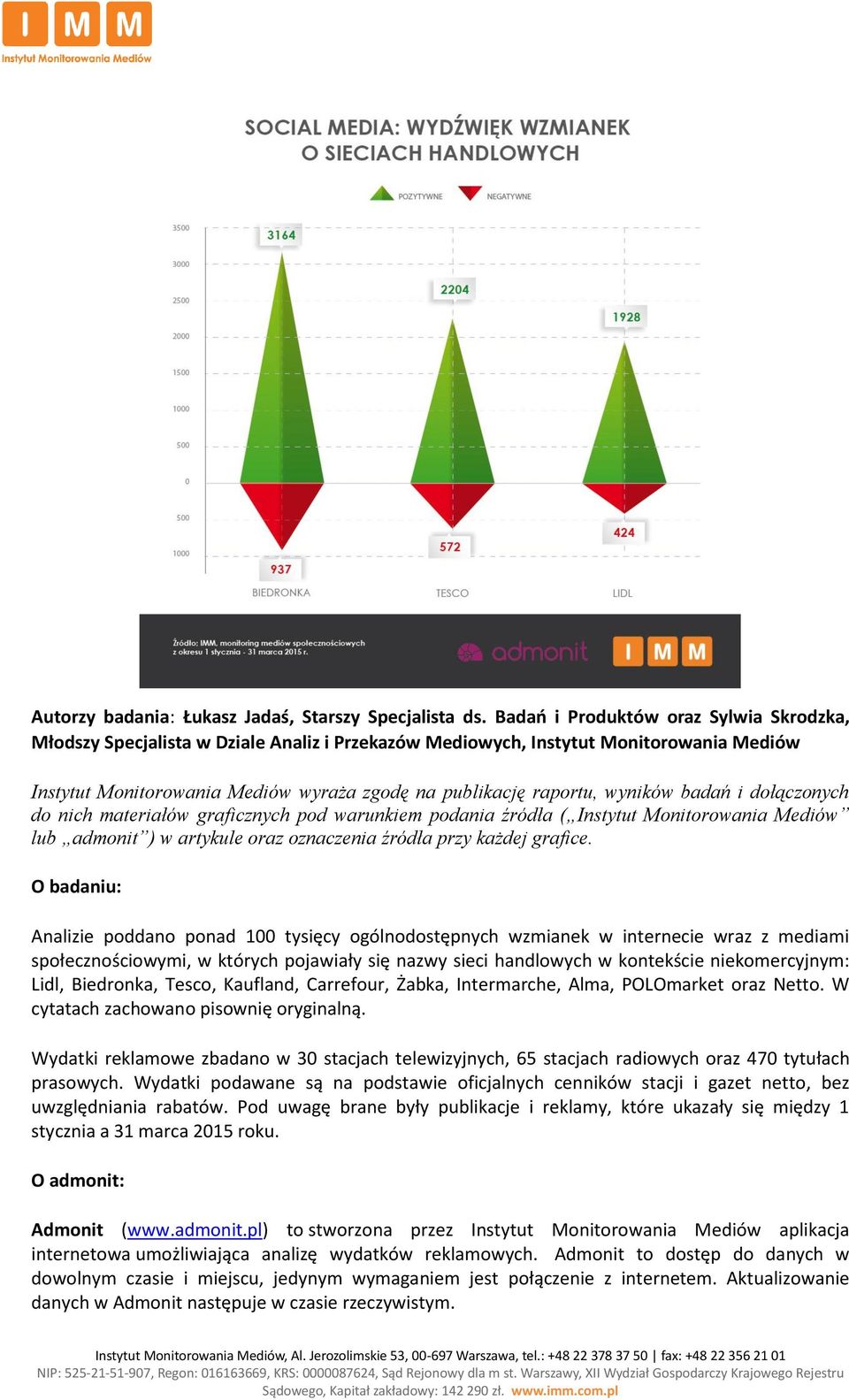 wyników badań i dołączonych do nich materiałów graficznych pod warunkiem podania źródła ( Instytut Monitorowania Mediów lub admonit ) w artykule oraz oznaczenia źródła przy każdej grafice.