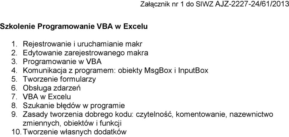 Komunikacja z programem: obiekty MsgBox i InputBox 5. Tworzenie formularzy 6. Obsługa zdarzeń 7.