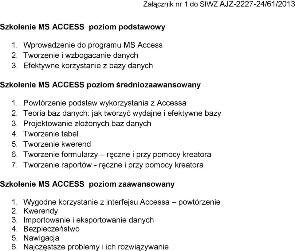 Teoria baz danych: jak tworzyć wydajne i efektywne bazy 3. Projektowanie złożonych baz danych 4. Tworzenie tabel 5. Tworzenie kwerend 6.