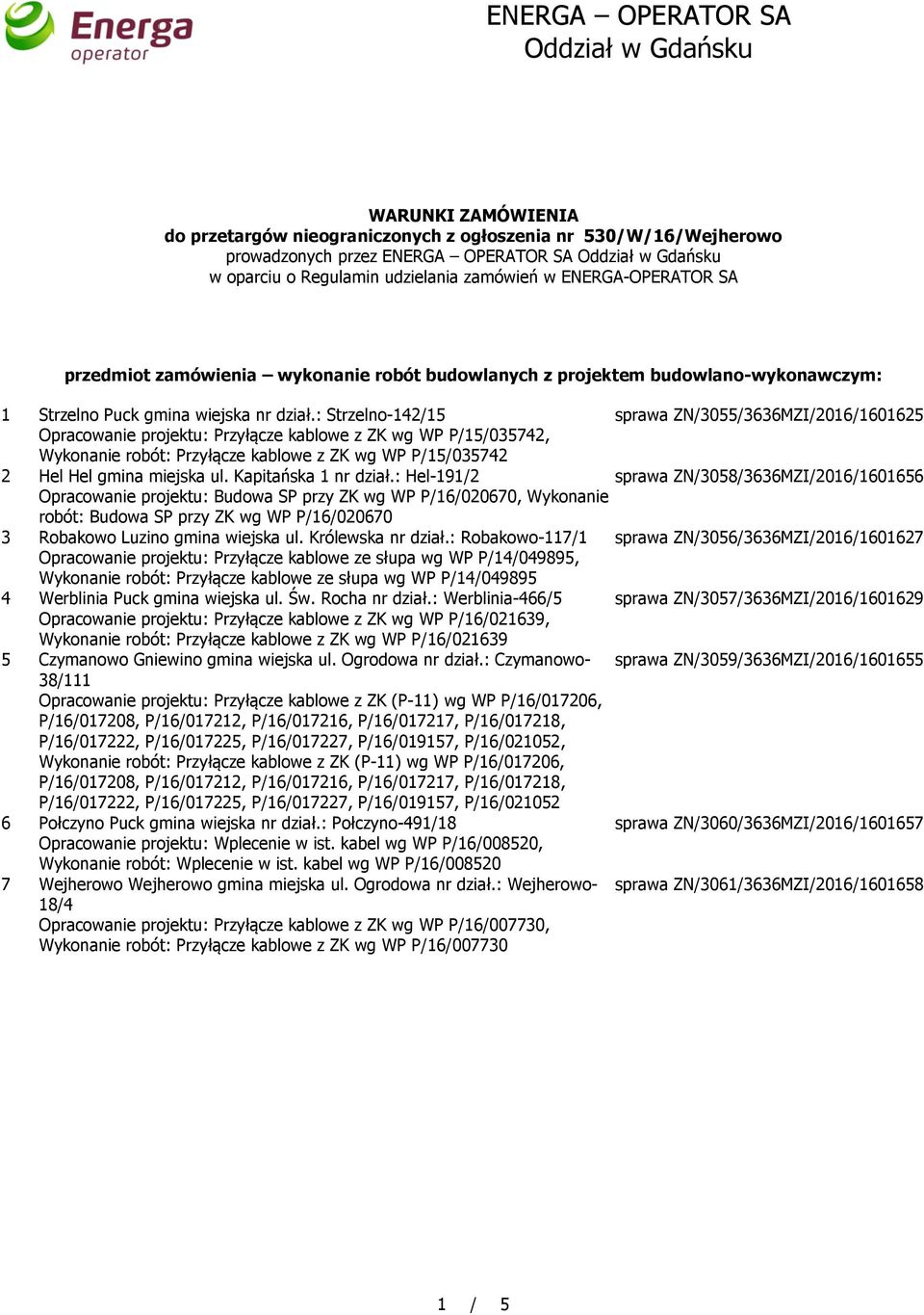 : Strzelno-142/15 sprawa ZN/3055/3636MZI/2016/1601625 Opracowanie projektu: Przyłącze kablowe z ZK wg WP P/15/035742, Wykonanie robót: Przyłącze kablowe z ZK wg WP P/15/035742 2 Hel Hel gmina miejska