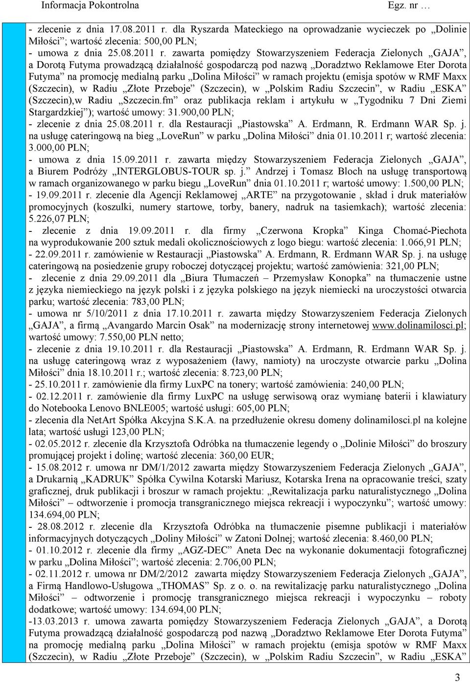 zawarta pomiędzy Stowarzyszeniem Federacja Zielonych GAJA, a Dorotą Futyma prowadzącą działalność gospodarczą pod nazwą Doradztwo Reklamowe Eter Dorota Futyma na promocję medialną parku Dolina