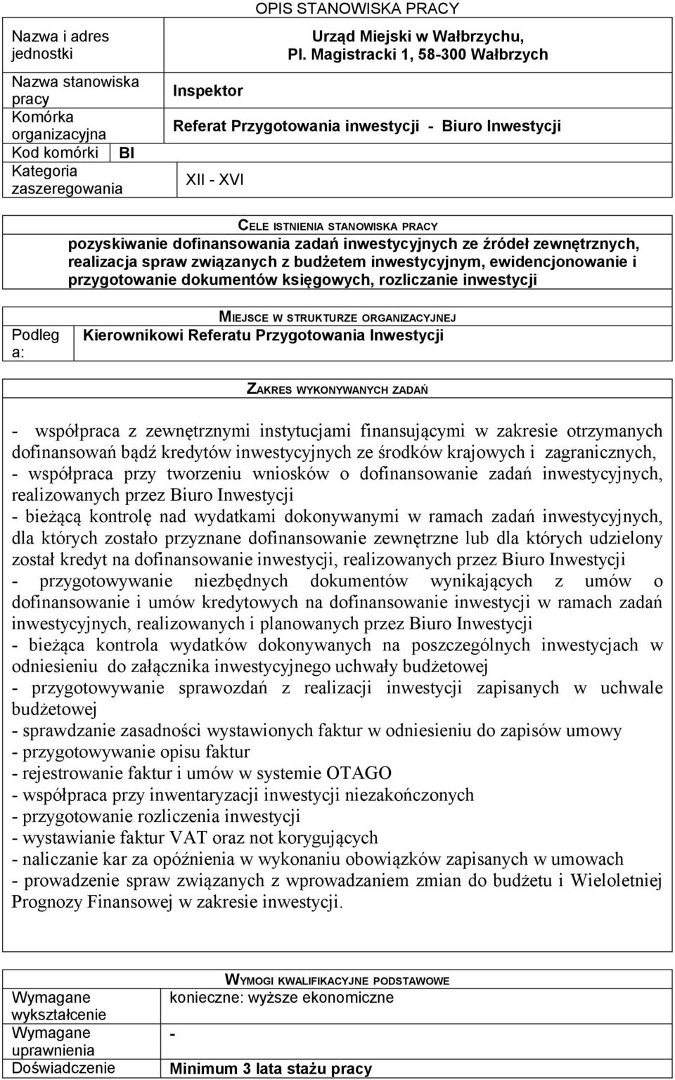 realizacja spraw związanych z budżetem inwestycyjnym, ewidencjonowanie i przygotowanie dokumentów księgowych, rozliczanie inwestycji Podleg a: MIEJSCE W STRUKTURZE ORGANIZACYJNEJ Kierownikowi