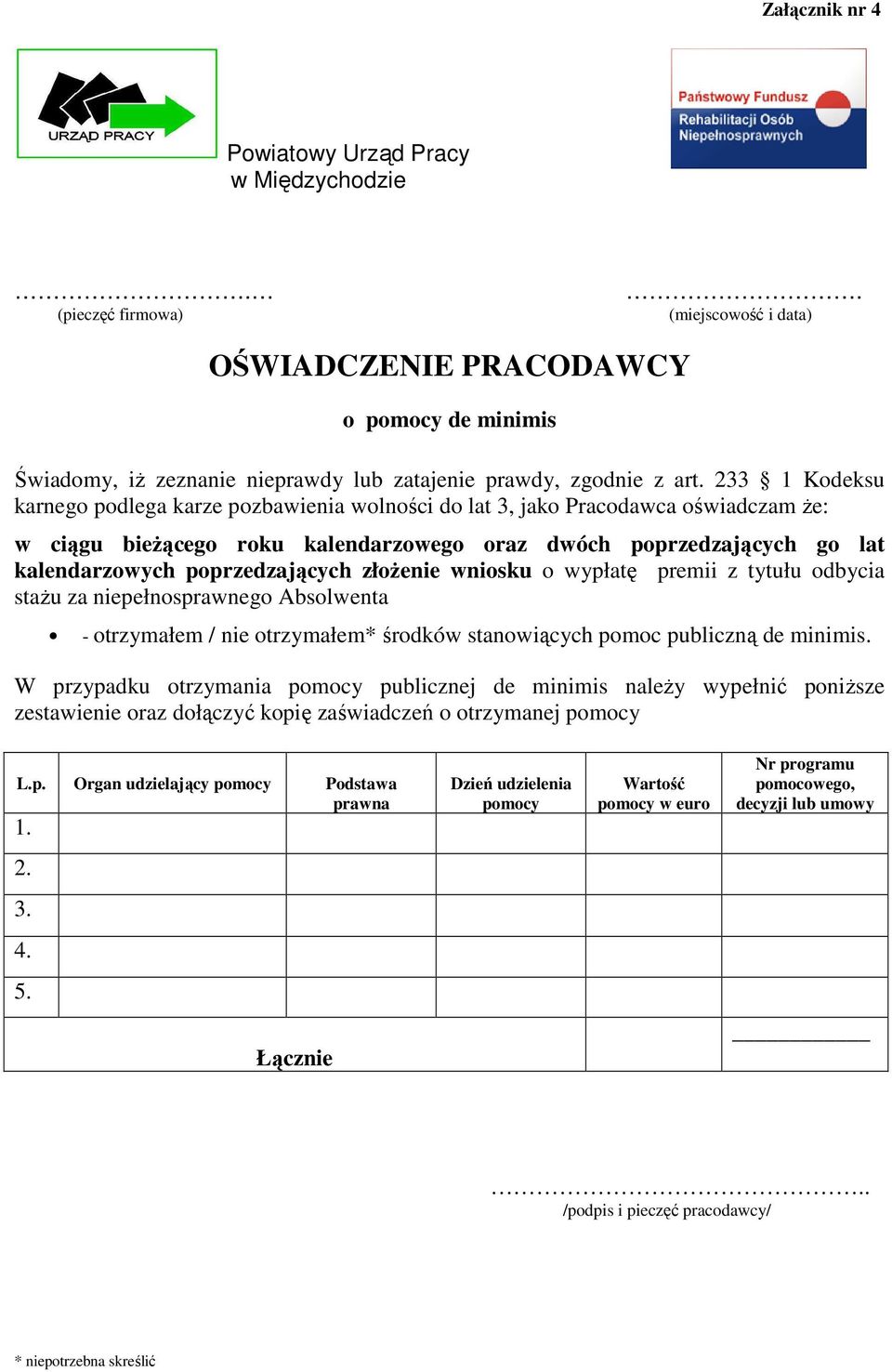 poprzedzających złoże wniosku o wypłatę premii z tytułu odbycia stażu za pełnosprawnego Absolwenta - otrzymałem / otrzymałem* środków stanowiących pomoc publiczną de minimis.