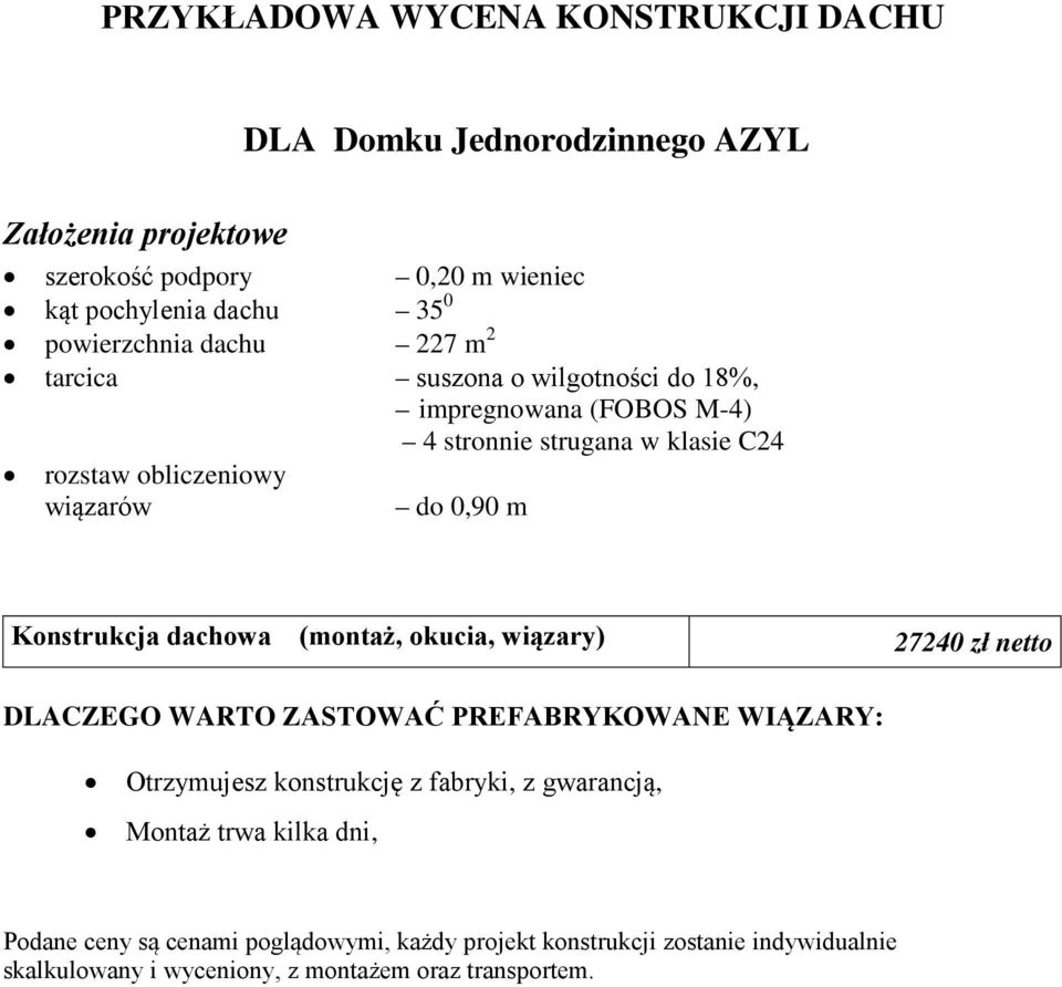 0,90 m Konstrukcja dachowa (montaż, okucia, wiązary) 27240 zł netto DLACZEGO WARTO ZASTOWAĆ PREFABRYKOWANE WIĄZARY: Otrzymujesz konstrukcję z fabryki, z