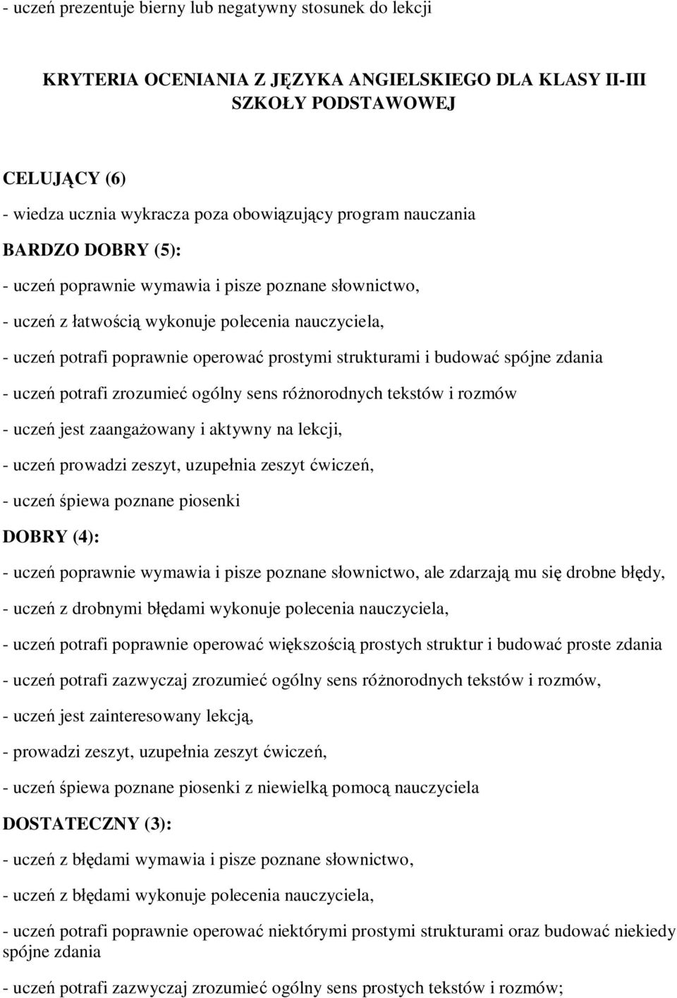 spójne zdania - uczeń potrafi zrozumieć ogólny sens różnorodnych tekstów i rozmów - uczeń jest zaangażowany i aktywny na lekcji, - uczeń prowadzi zeszyt, uzupełnia zeszyt ćwiczeń, - uczeń śpiewa