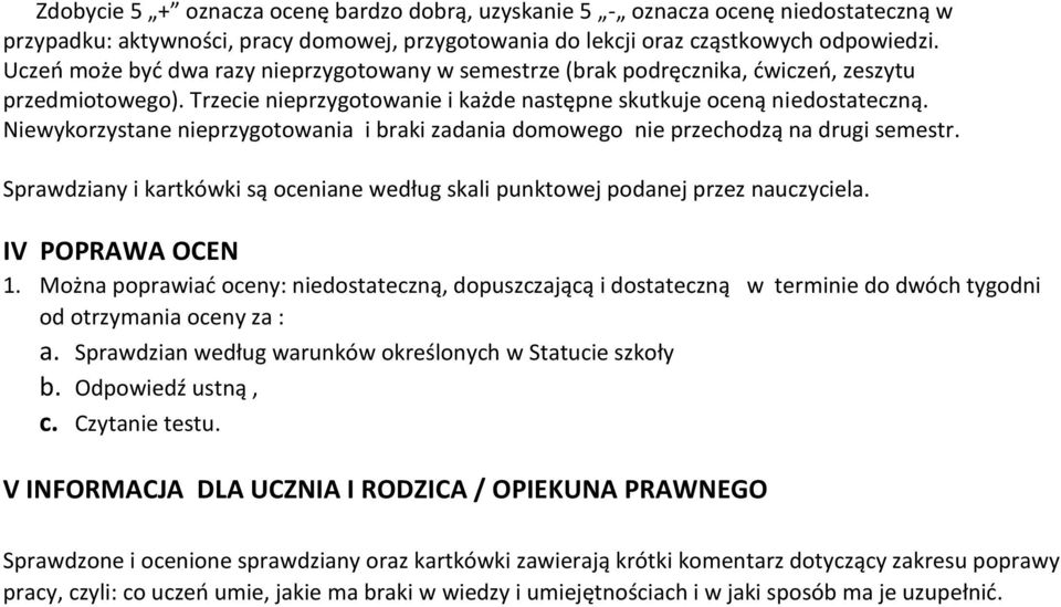 Niewykorzystane nieprzygotowania i braki zadania domowego nie przechodzą na drugi semestr. Sprawdziany i kartkówki są oceniane według skali punktowej podanej przez nauczyciela. IV POPRAWA OCEN 1.