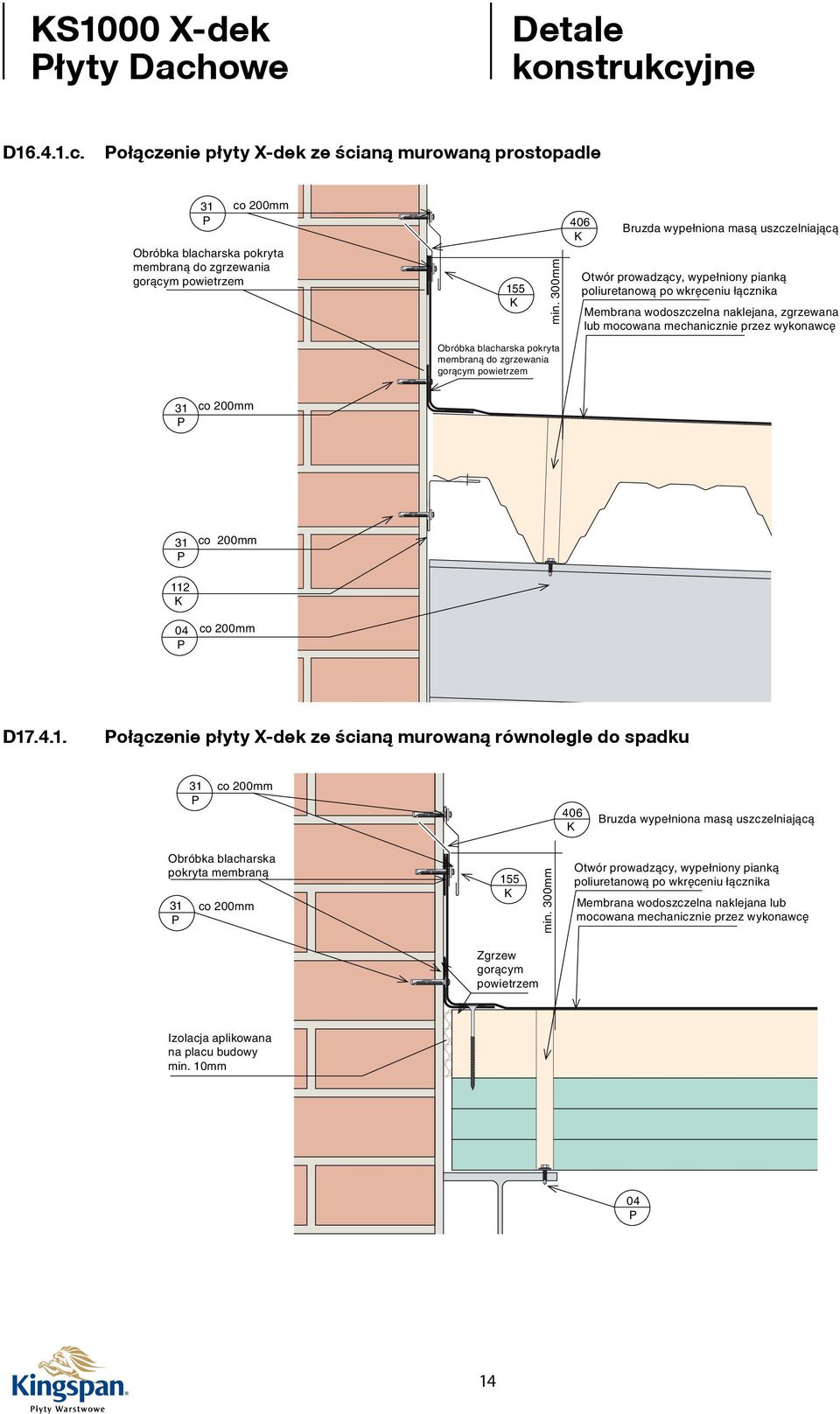 31 ołączenie membraną do płyty zgrzewania X-dek ze ścianą murowaną prostopadle 31 co 200mm Obróbka blacharska pokryta gorącym powietrzem co 200mm Obróbka blacharska pokryta membraną do zgrzewania