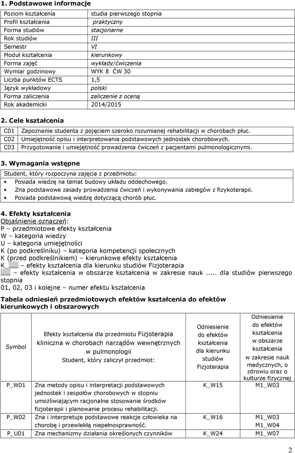 Cele C01 Zapoznanie studenta z pojęciem szeroko rozumianej rehabilitacji w chorobach płuc. C02 Umiejętność opisu i interpretowania podstawowych jednostek chorobowych.