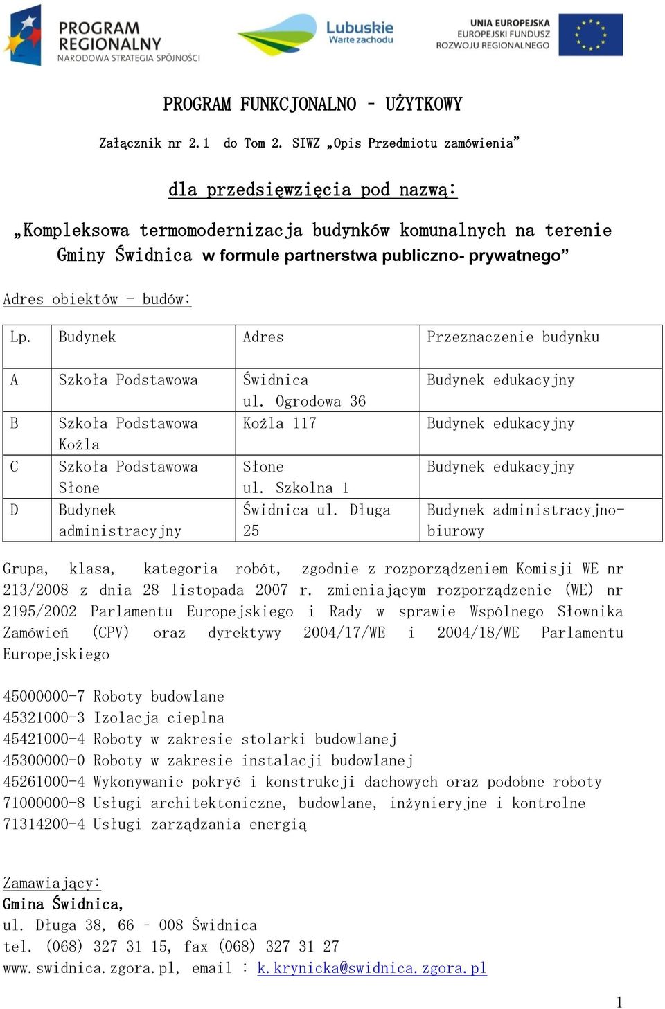 - budów: Lp. Budynek Adres Przeznaczenie budynku A Szkoła Podstawowa Świdnica ul. Ogrodowa 36 B Szkoła Podstawowa Koźla 117 Koźla C Szkoła Podstawowa Słone Słone ul. Szkolna 1 D Budynek Świdnica ul.