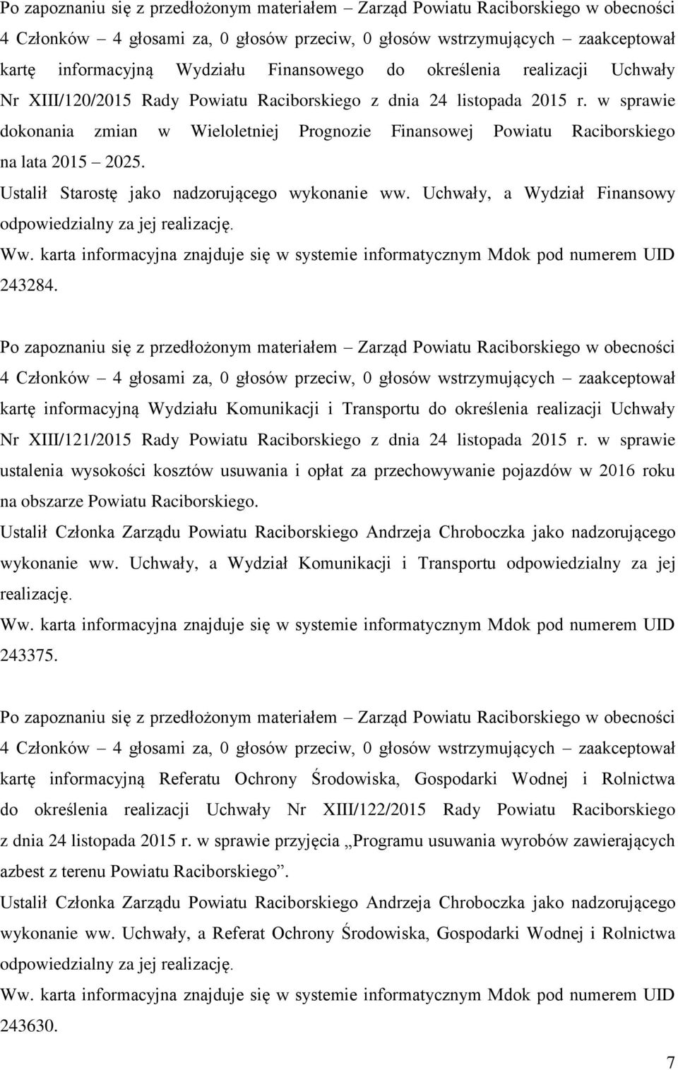 w sprawie dokonania zmian w Wieloletniej Prognozie Finansowej Powiatu Raciborskiego na lata 2015 2025. Ustalił Starostę jako nadzorującego wykonanie ww.