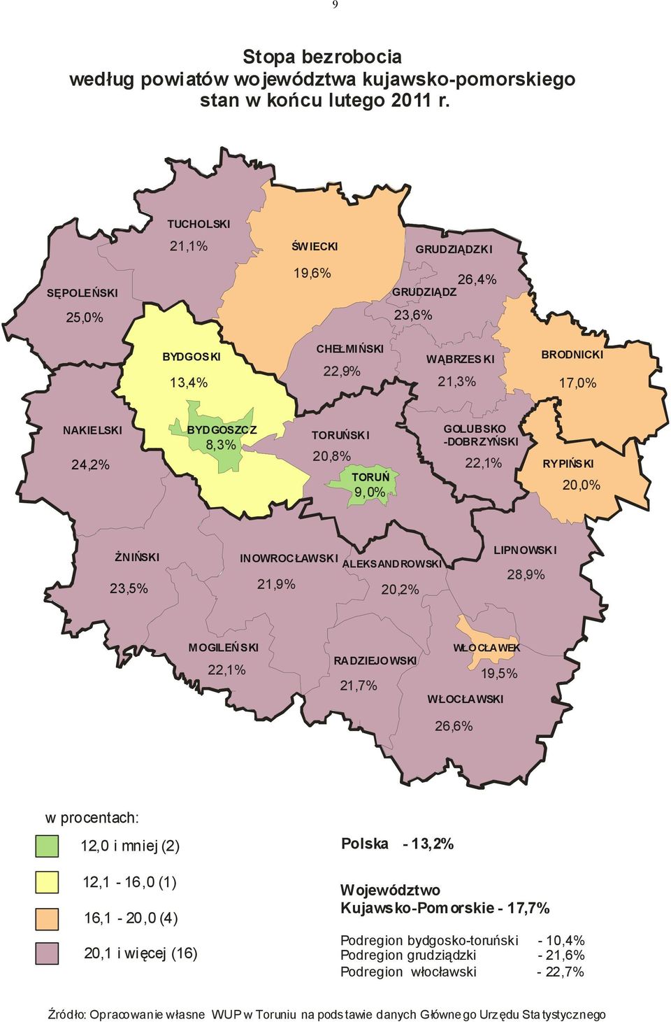 9,0% GOLUBSKO -DOBRZYŃSKI 22,1% RYPIŃSKI 20,0% ŻNIŃSKI 23,5% INOWROCŁAWSK I ALEKSANDROWSKI 21,9% 20,2% LIPNOWSKI 28,9% MOGILEŃSKI 22,1% RADZIEJO WSKI 21,7% WŁOCŁAWEK 19,5% WŁOCŁAWSKI 26,6% w