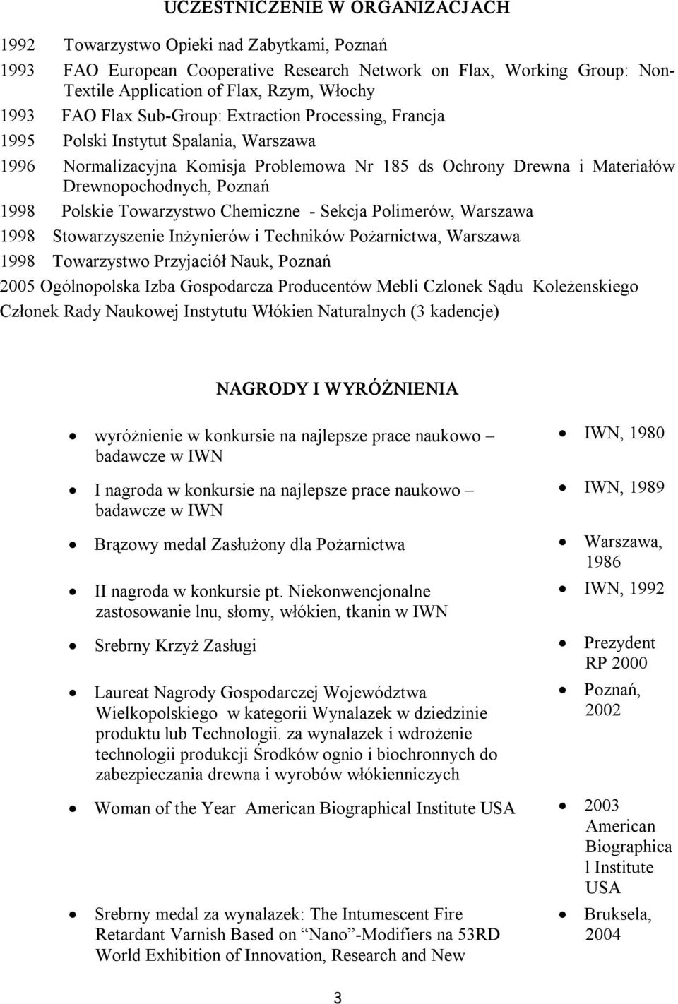 Polskie Towarzystwo Chemiczne Sekcja Polimerów, Warszawa 1998 Stowarzyszenie Inżynierów i Techników Pożarnictwa, Warszawa 1998 Towarzystwo Przyjaciół Nauk, Poznań 2005 Ogólnopolska Izba Gospodarcza