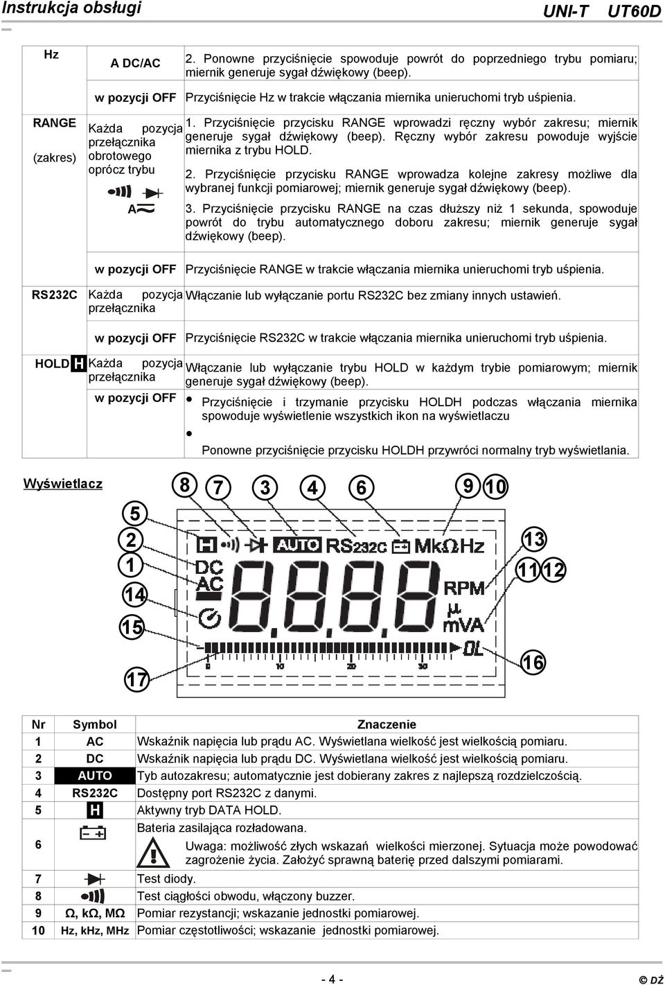Przyciśnięcie przycisku RANGE wprowadzi ręczny wybór zakresu; miernik przełącznika generuje sygał dźwiękowy (beep). Ręczny wybór zakresu powoduje wyjście obrotowego miernika z trybu HOLD.