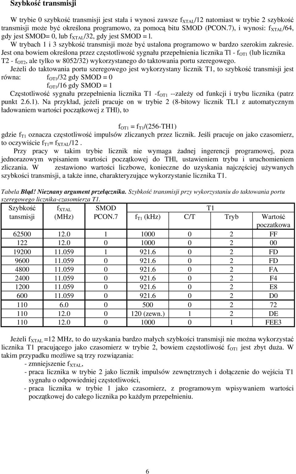 Jest ona bowiem określona przez częstotliwość sygnału przepełnienia licznika Tl - f OT1 (lub licznika T2 - f OT2, ale tylko w 8052/32) wykorzystanego do taktowania portu szeregowego.