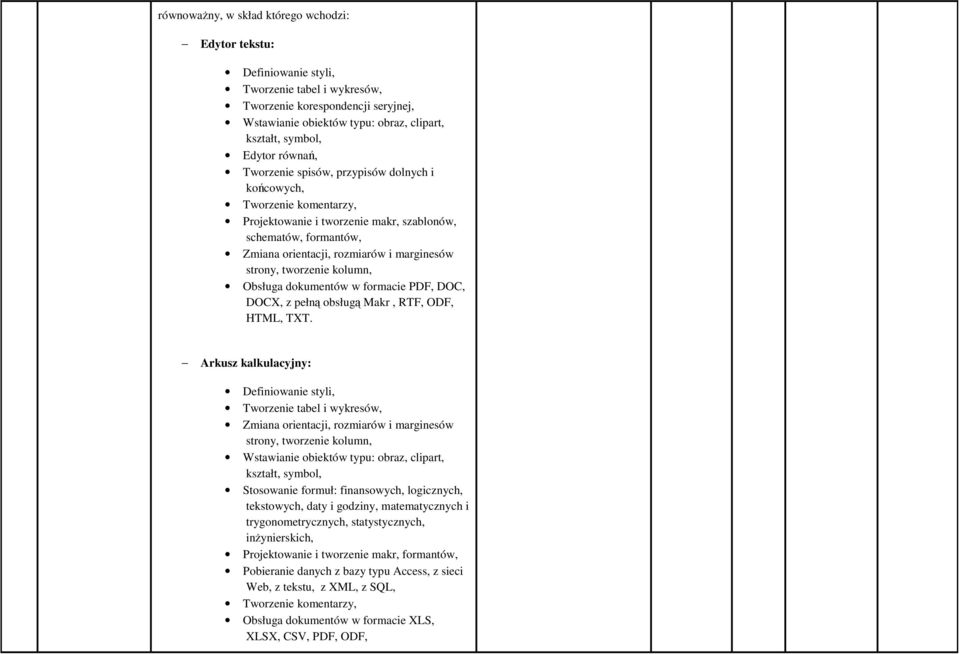 strony, tworzenie kolumn, Obsługa dokumentów w formacie PDF, DOC, DOCX, z pełną obsługą Makr, RTF, ODF, HTML, TXT.