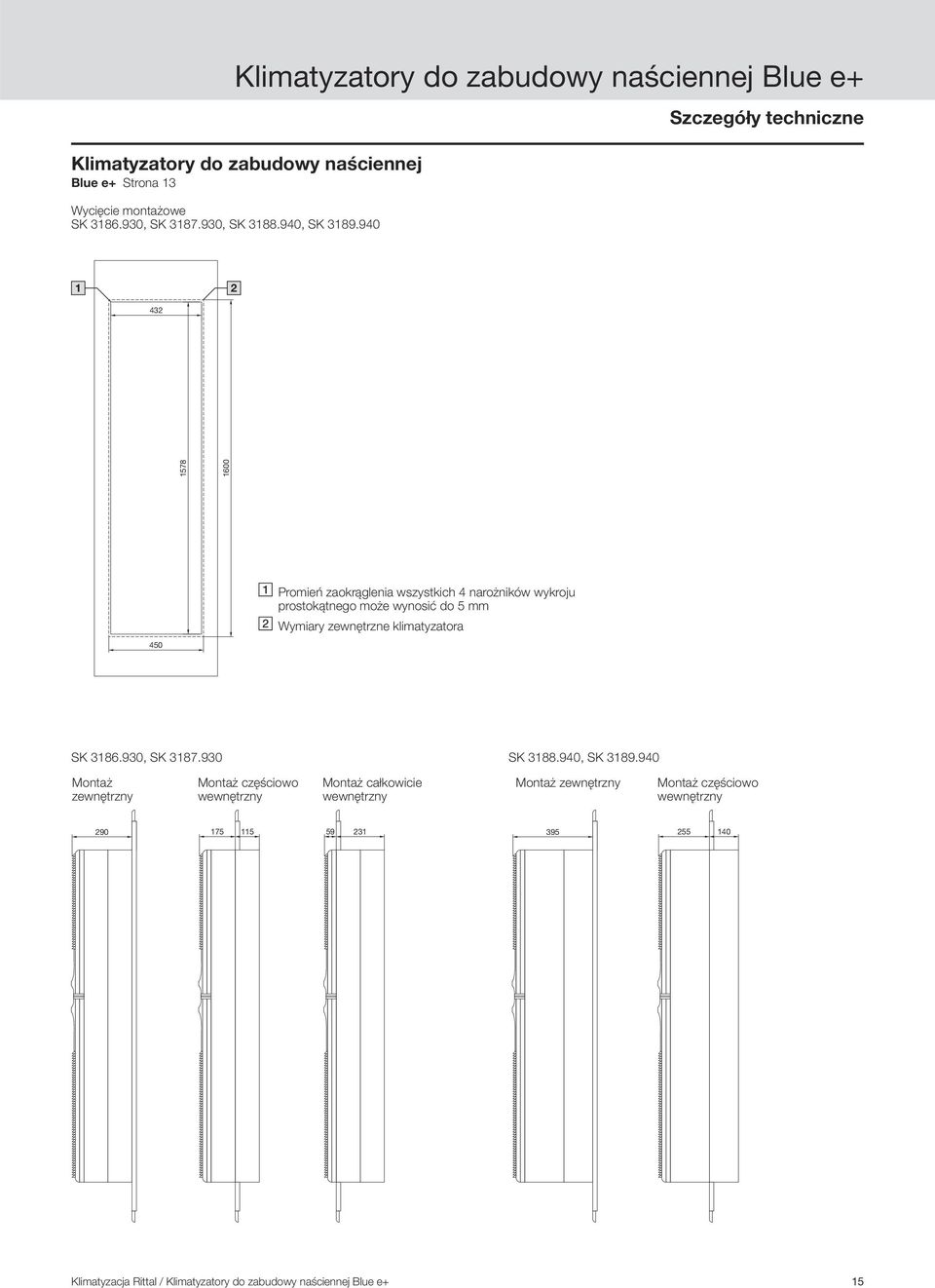 940 Szczegóły techniczne 1 2 432 1578 1600 450 Promień zaokrąglenia wszystkich 4 narożników wykroju prostokątnego może wynosić do 5 mm Wymiary