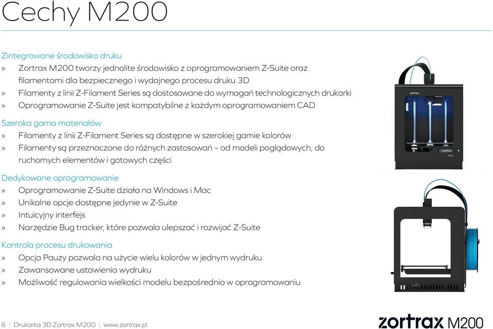 dostępne w szerokiej gamie kolorów Filamenty są przeznaczone do różnych zastosowań od modeli poglądowych, do ruchomych elementów i gotowych części Dedykowane oprogramowanie Oprogramowanie Z-Suite