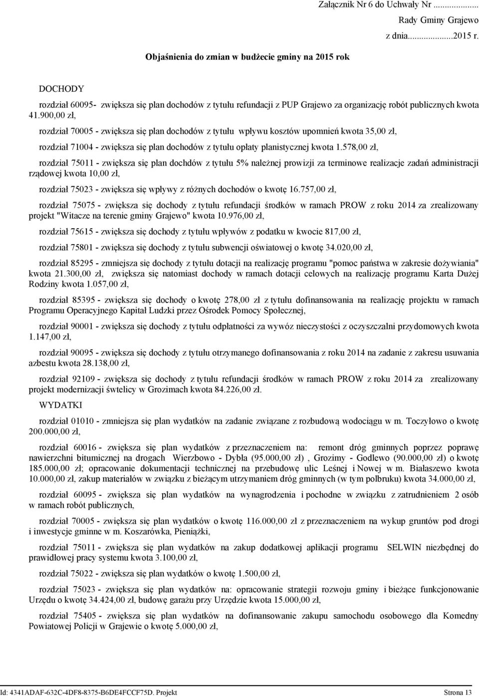 900,00 zł, rozdział 70005 - zwiększa się plan dochodów z tytułu wpływu kosztów upomnień kwota 35,00 zł, rozdział 71004 - zwiększa się plan dochodów z tytułu opłaty planistycznej kwota 1.