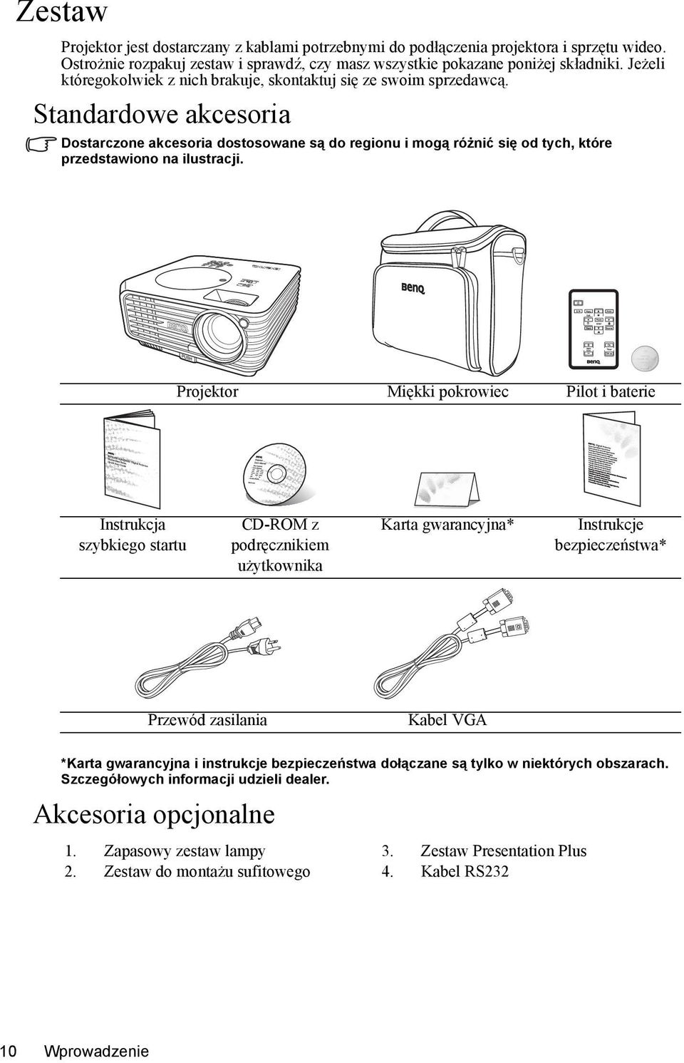 Standardowe akcesoria Dostarczone akcesoria dostosowane są do regionu i mogą różnić się od tych, które przedstawiono na ilustracji.