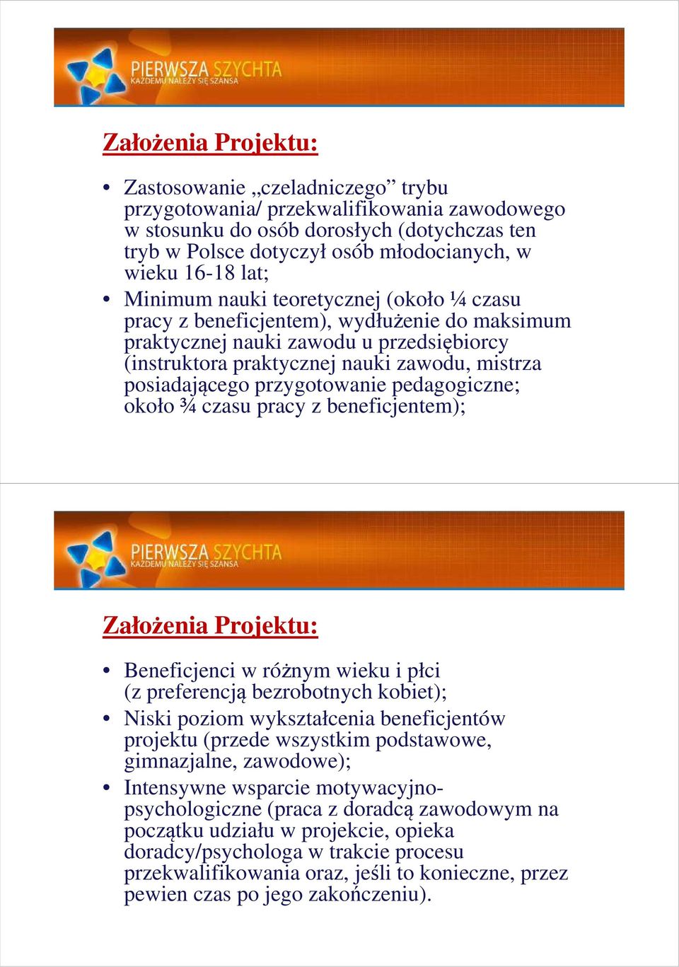 przygotowanie pedagogiczne; około ¾ czasu pracy z beneficjentem); Założenia Projektu: Beneficjenci w różnym wieku i płci (z preferencją bezrobotnych kobiet); Niski poziom wykształcenia beneficjentów