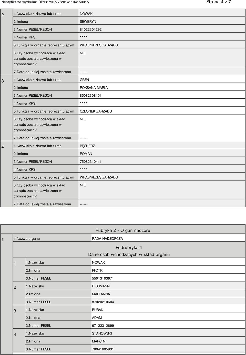 Numer PESEL/REGON 75082310411 WICEPREZES ZARZĄDU Rubryka 2 - Organ nadzoru 1 1.