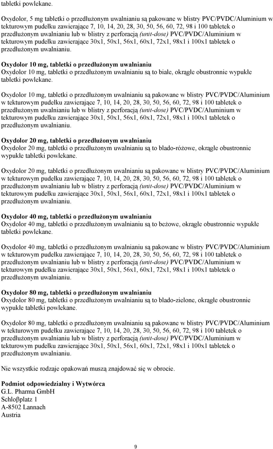 uwalnianiu lub w blistry z perforacją (unit-dose) PVC/PVDC/Aluminium w tekturowym pudełku zawierające 30x1, 50x1, 56x1, 60x1, 72x1, 98x1 i 100x1 tabletek o przedłużonym uwalnianiu.