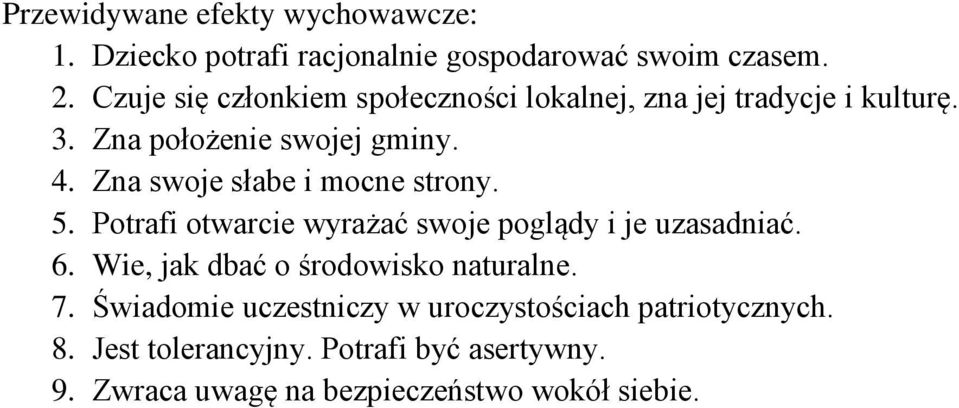 Zna swoje słabe i mocne strony. 5. Potrafi otwarcie wyrażać swoje poglądy i je uzasadniać. 6.